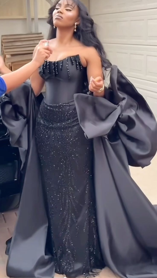 Gorgeous Black Strapless Satin Sequin Beaded Long Prom Dress Formal Birthday Party Dress D1130