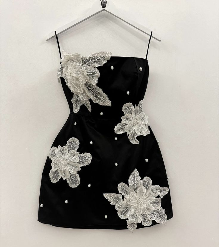 Stylish Black Satin Beaded Flowers Short Party Dress Graduation Homecoming Dress S755