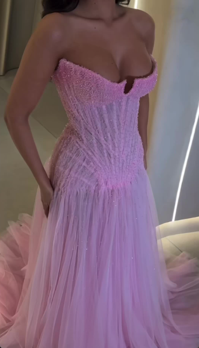 Gorgeous Strapless Pink Tulle Beaded Mermaid Long Evening Dress Birthday Party Dress D1764