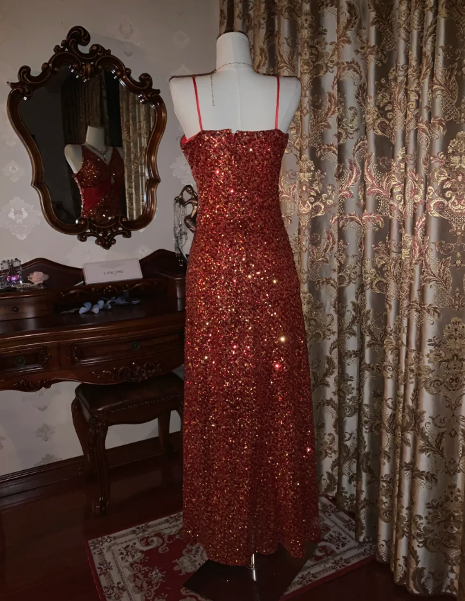 Vintage Red V Neck Sequin Beaded Mermaid Party Dress Long Evening Gown D1724