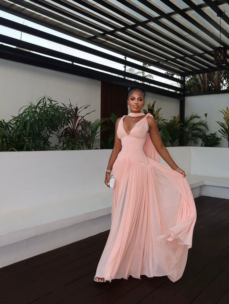 Stylish Pink Chiffon Pleated A Line Long Wedding Guest Dress Evening Dress With Ribbon D1363