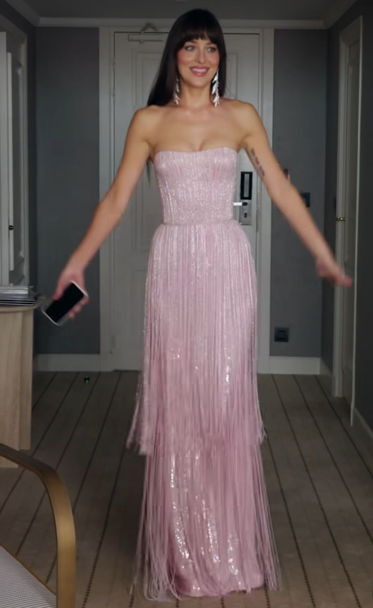 Glamorous Strapless Pink Sequin Tassel Long Party Dress Birthday Prom Gown D1400