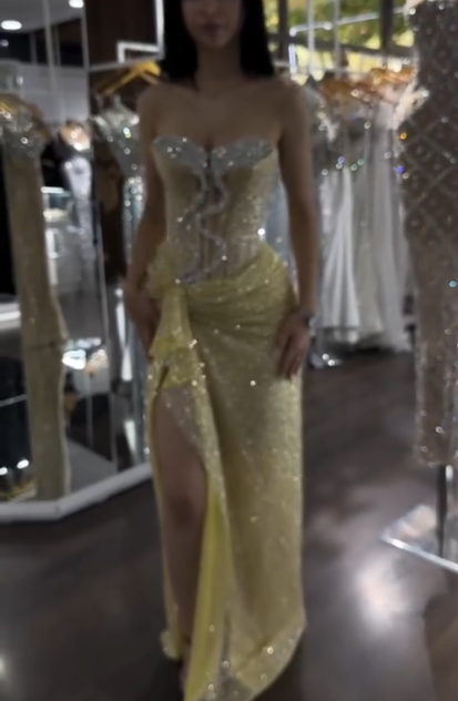 Glitter Strapless Yellow Sequin Beaded Mermaid Slit Evening Dress Formal Birthday Party Dress D1059