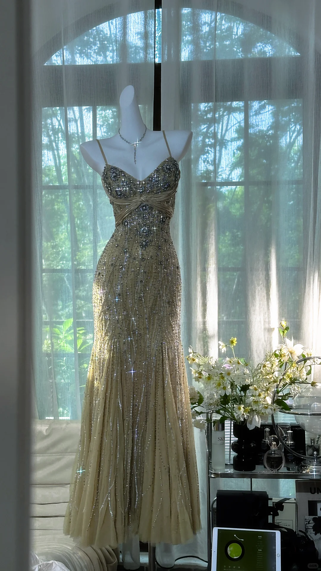 Classy Spaghetti Straps Green Chiffon Beaded Mermaid Long Prom Dress Evening Dress D1251