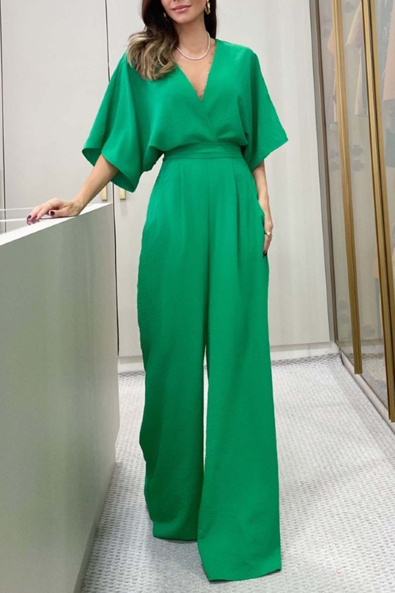V Neck Batwing Sleeve Back Tie Jumpsuits - Fashionpara