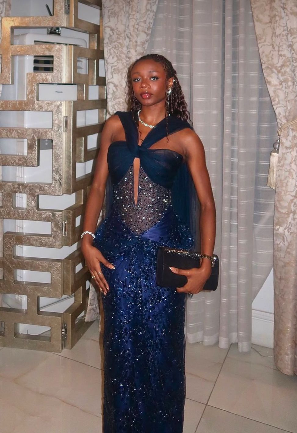 Sparkly Sleeveless Navy Blue Sequin Beaded Long Party Dress Evening Gown D1095