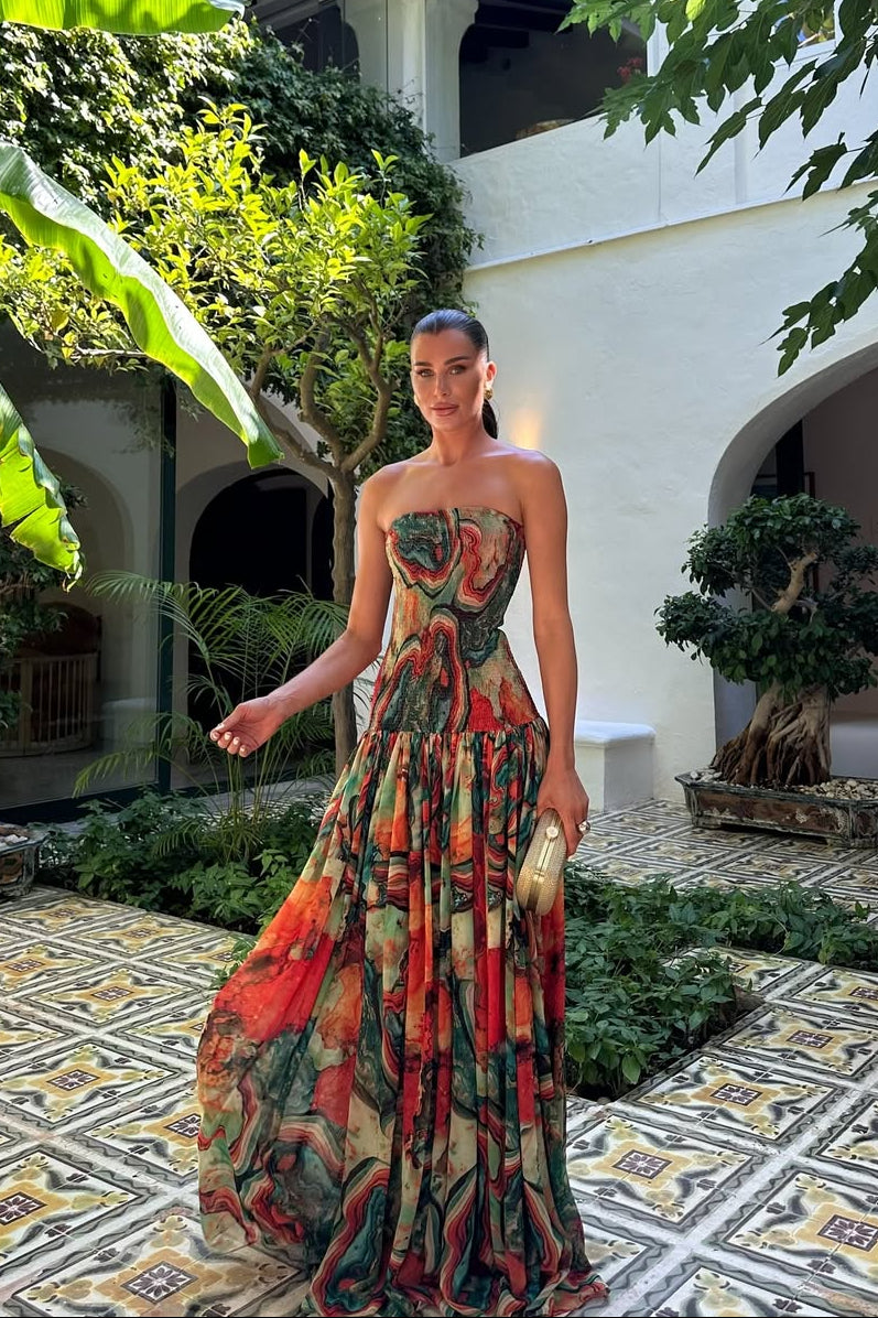 Strapless Drop Waist Tiered Chiffon Maxi Dress