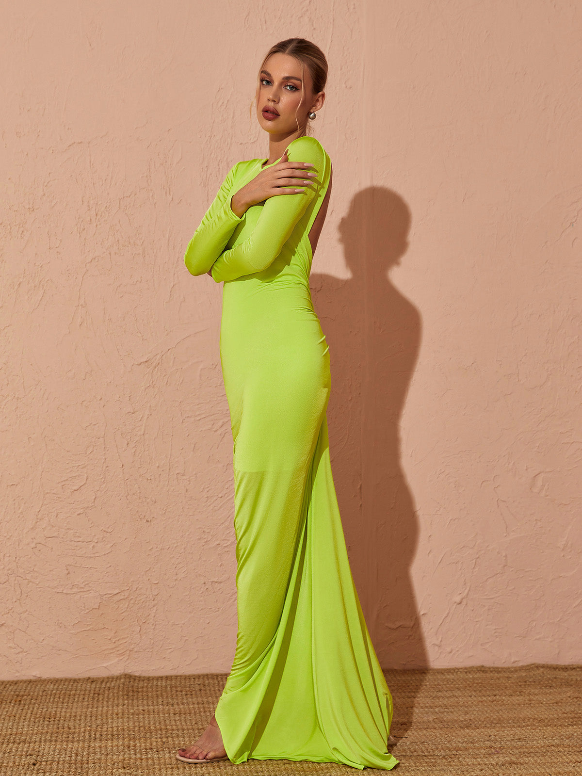 Long Sleeve Backless Ruched Mermaid Maxi Dress 3