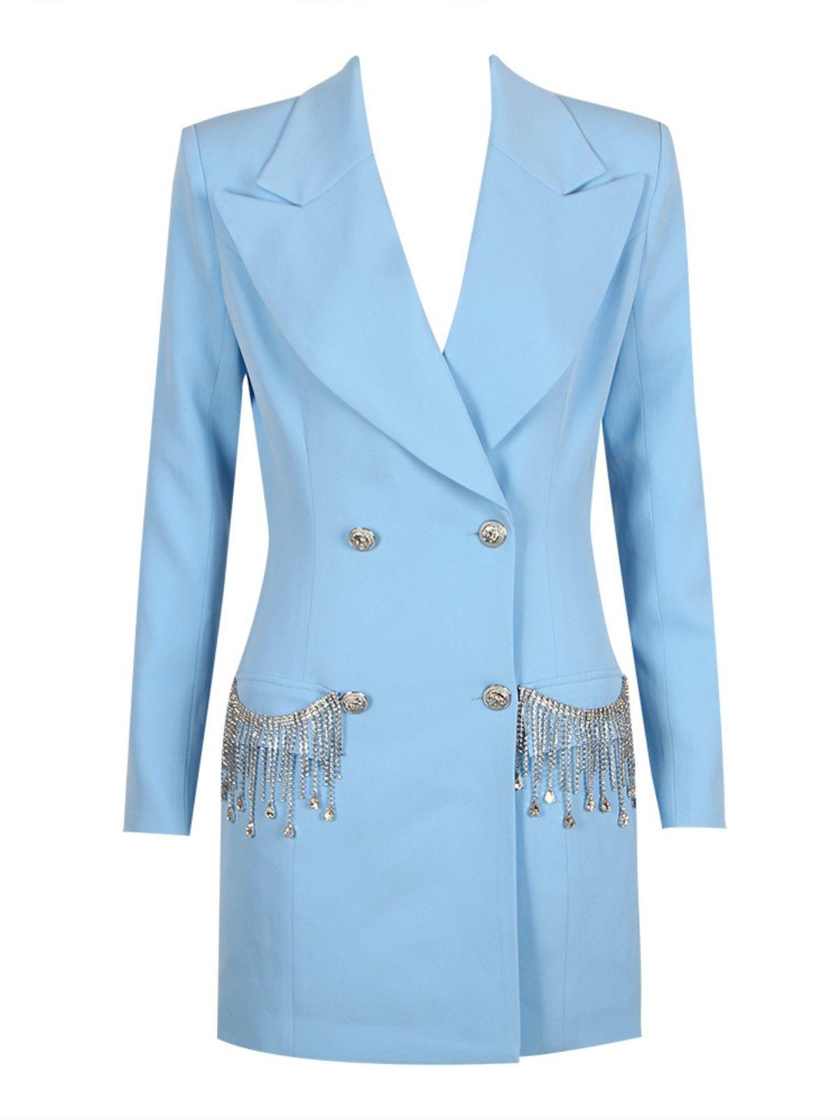 Verna Crystal Fringe Blazer Dress In Blue
