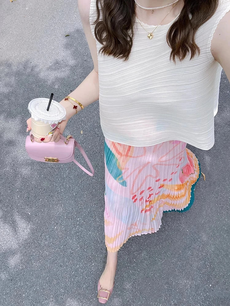 Floral Pleated Slimming High Waist Beach Comfort Skirt