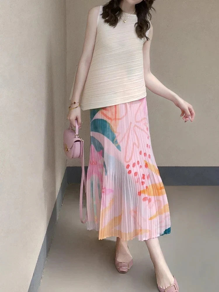 Floral Pleated Slimming High Waist Beach Comfort Skirt