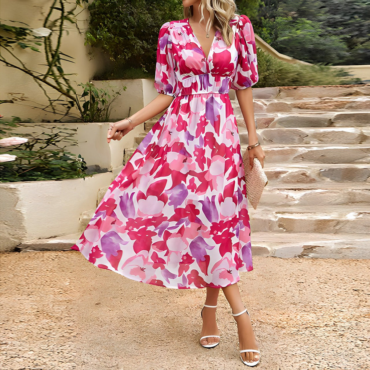 Abstract Floral V-Neck Puff Sleeve Smocked Waist Midi Dress 8
