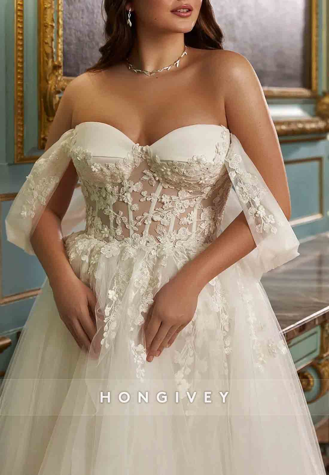 Off the Shoulder Princess Sweetheart Tulle Tea-Length Lace Wedding Dresses