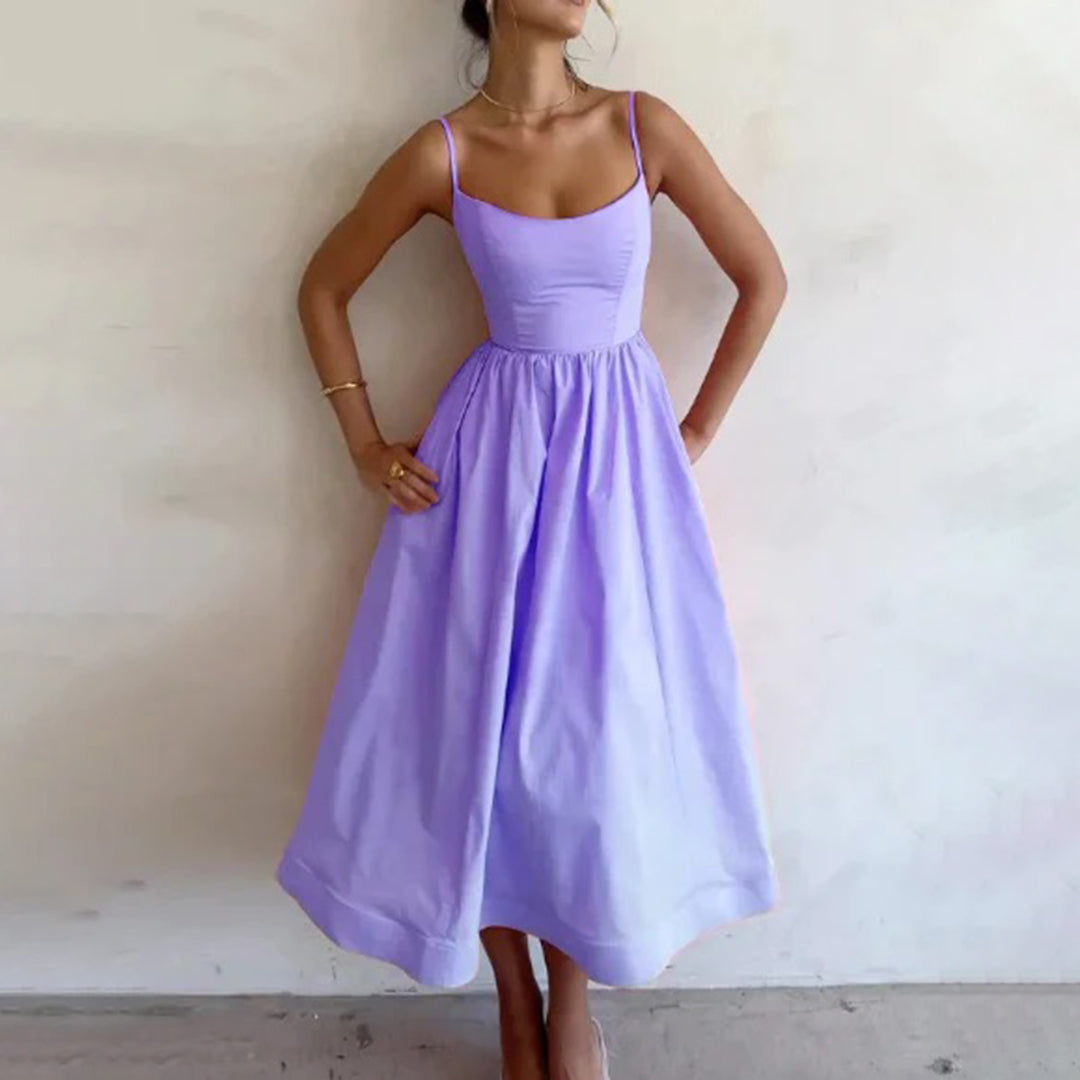 Spaghetti Strap Scoop Neck Gathered Fit and Flare Midi Dress - View 2