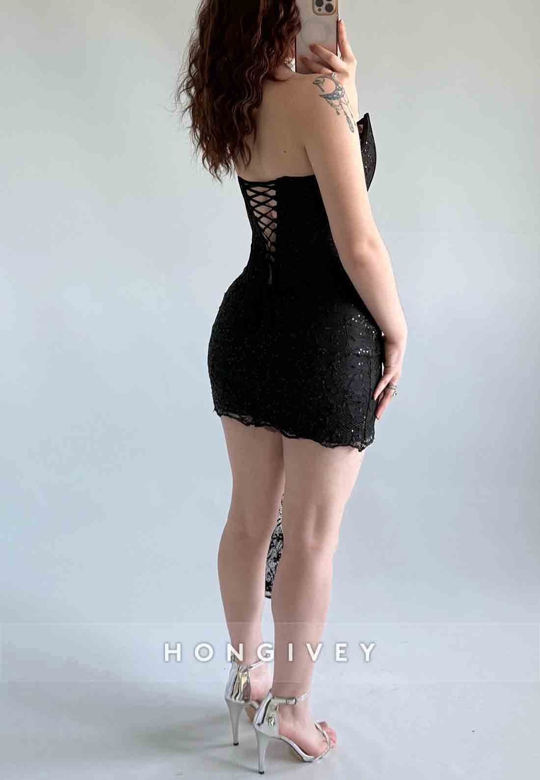 Side Draping Sheath Tie Back Strapless Lace Flowers Mini Homecoming Dresses