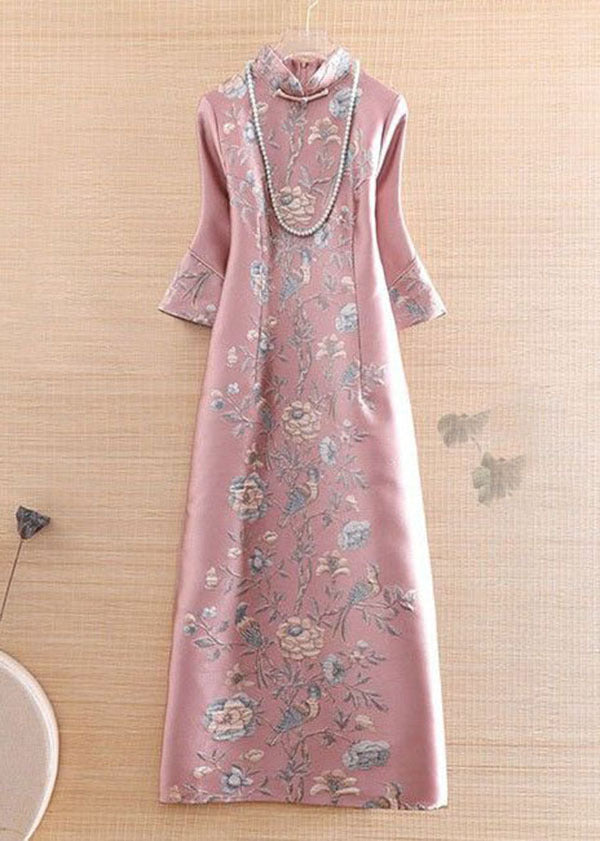 Mandarin Collar Bell Sleeve Floral Bird Print Side Slit Maxi Gown - View 2