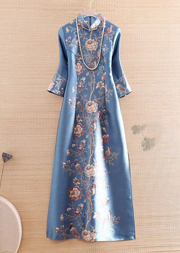 Mandarin Collar Bell Sleeve Floral Bird Print Side Slit Maxi Gown - View 3