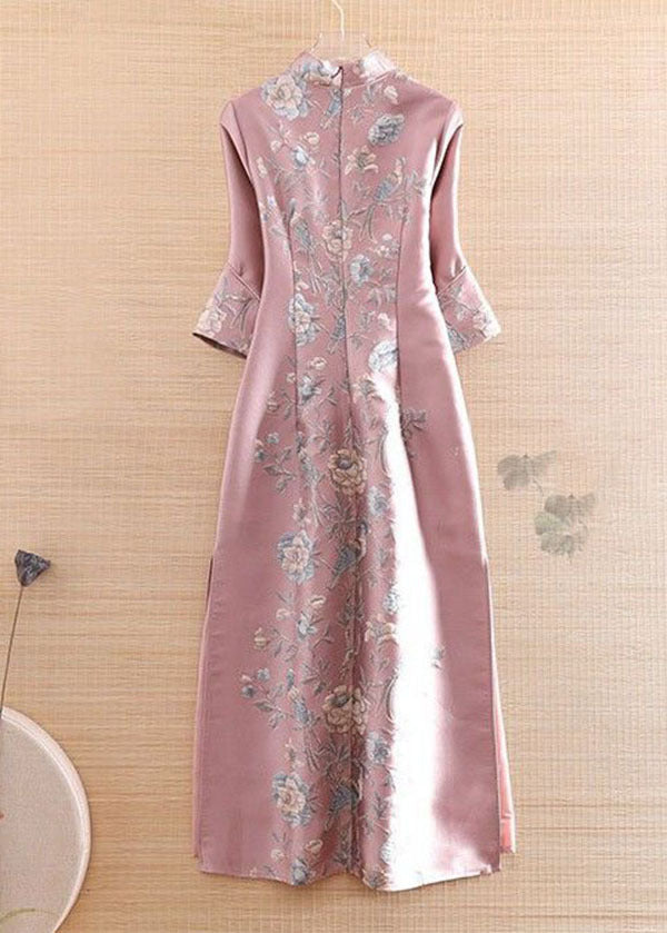 Mandarin Collar Bell Sleeve Floral Bird Print Side Slit Maxi Gown - View 4