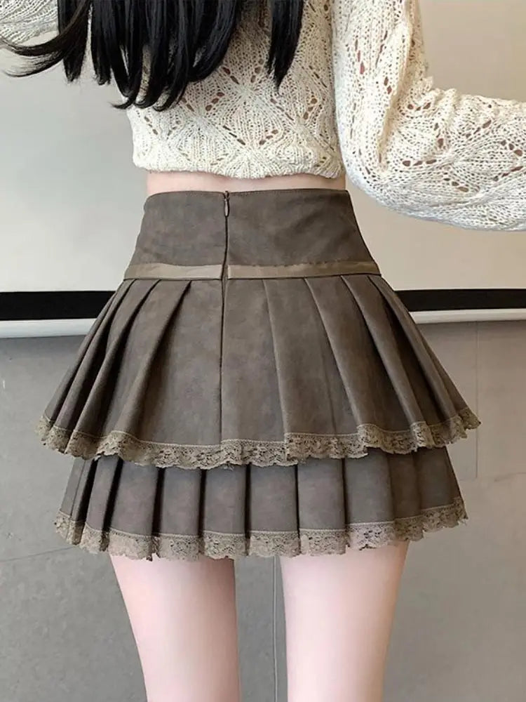 Vintage Bow Pleated PU Skirt