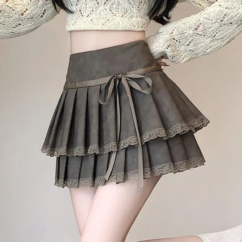 Vintage Bow Pleated PU Skirt