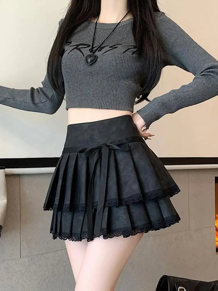 Vintage Bow Pleated PU Skirt