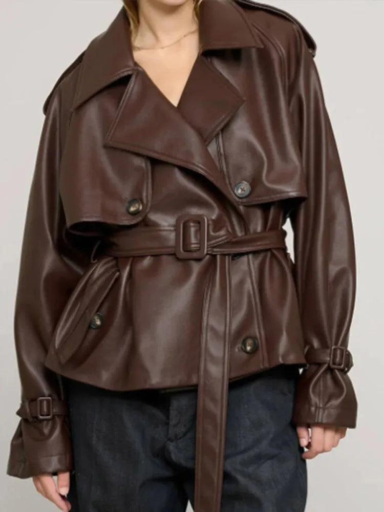 Vintage Brown Button PU Leather Coat