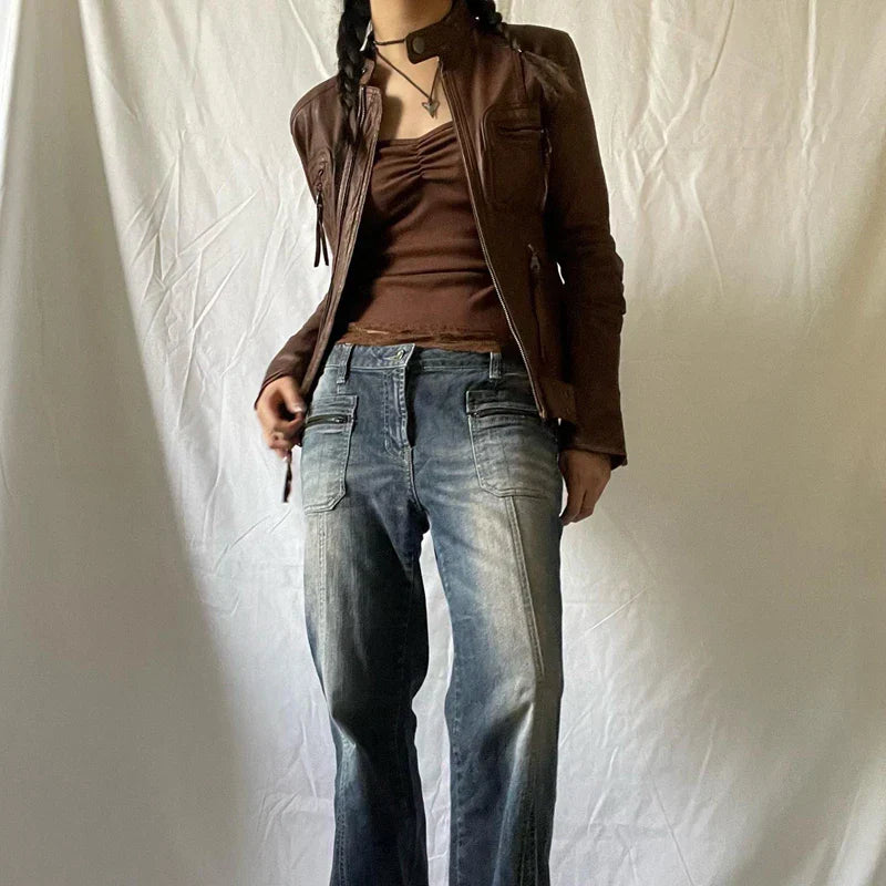 Vintage Brown Lace Patchwork Open Back Slim Fit Fairy Grunge Y2K Camis Crop Top