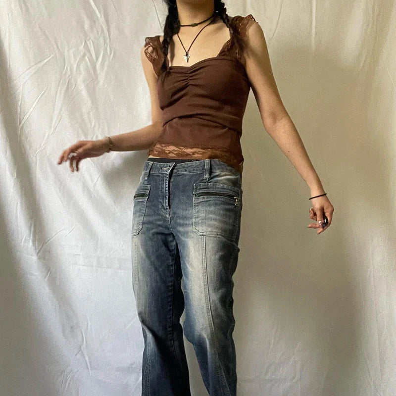 Vintage Brown Lace Patchwork Open Back Slim Fit Fairy Grunge Y2K Camis Crop Top