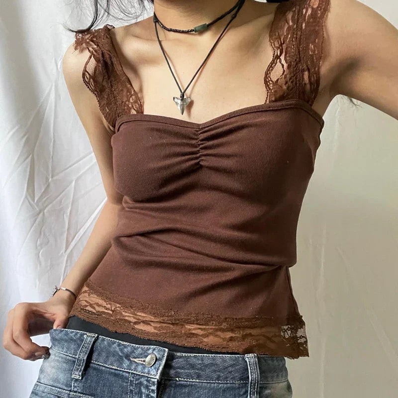 Vintage Brown Lace Patchwork Open Back Slim Fit Fairy Grunge Y2K Camis Crop Top