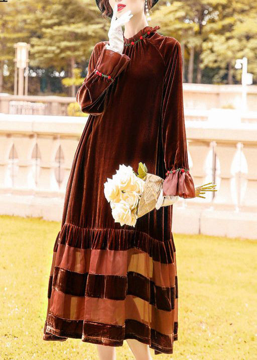 Velvet Ruffle Collar Floral Embroidery Cuff Tiered Midi Dress