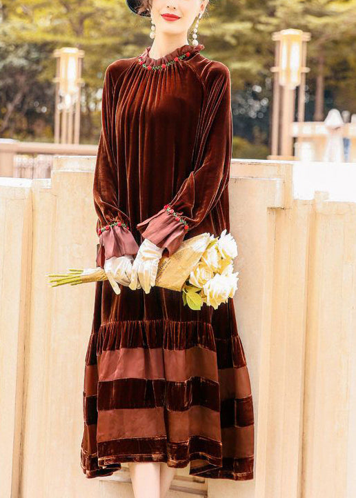 Velvet Ruffle Collar Floral Embroidery Cuff Tiered Midi Dress - View 2