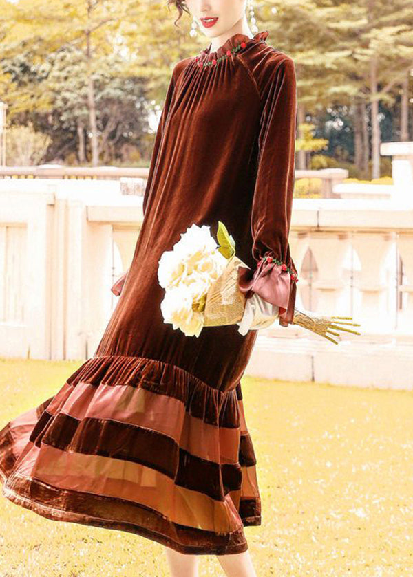 Velvet Ruffle Collar Floral Embroidery Cuff Tiered Midi Dress - View 3