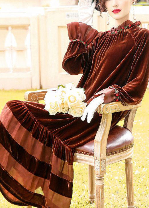 Velvet Ruffle Collar Floral Embroidery Cuff Tiered Midi Dress - View 4