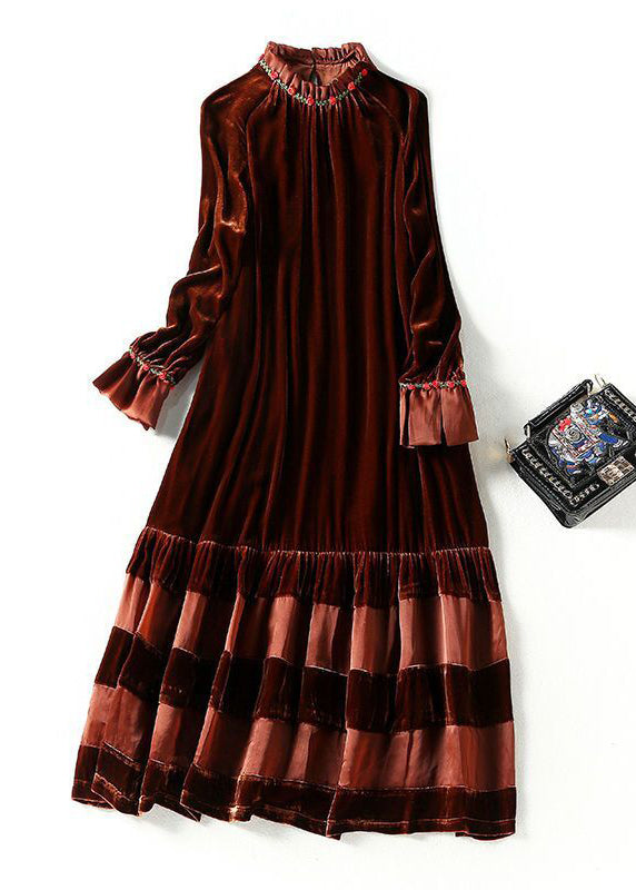 Velvet Ruffle Collar Floral Embroidery Cuff Tiered Midi Dress - View 5