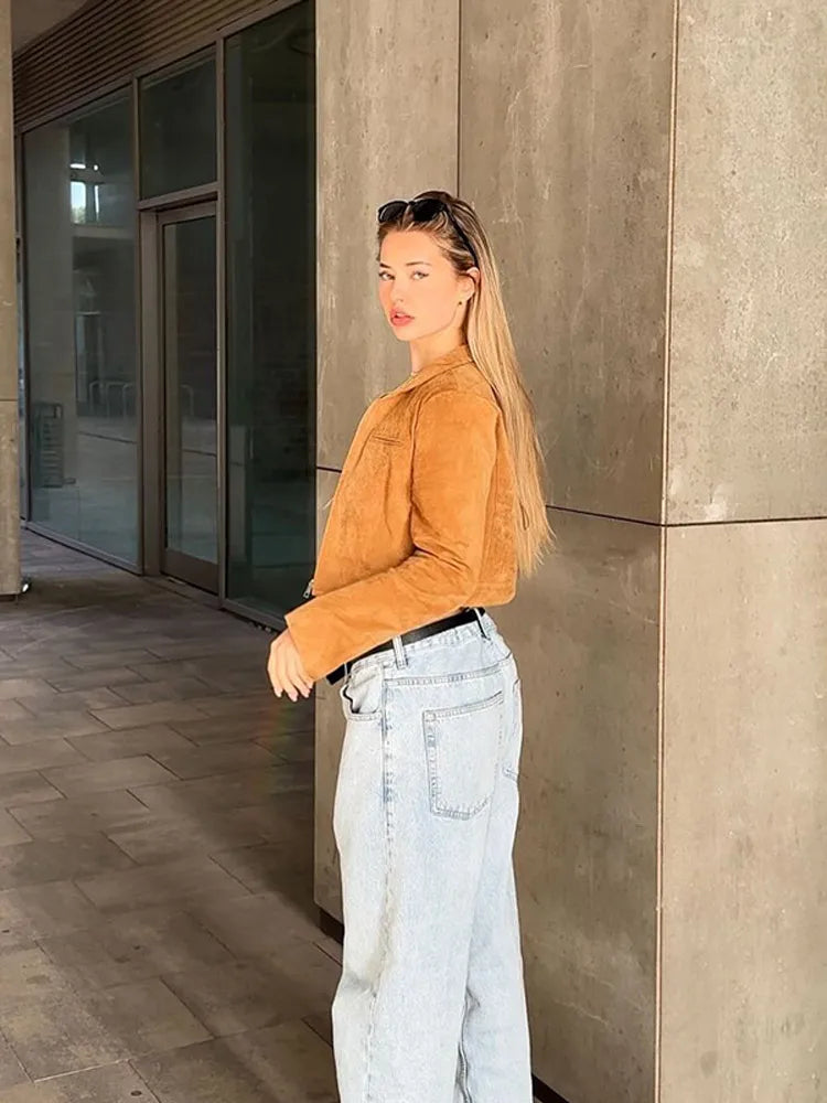 Brown Zipper Suede Leather Coat