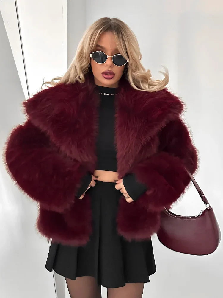 Burgundy Fluffy Lapel Short Coat
