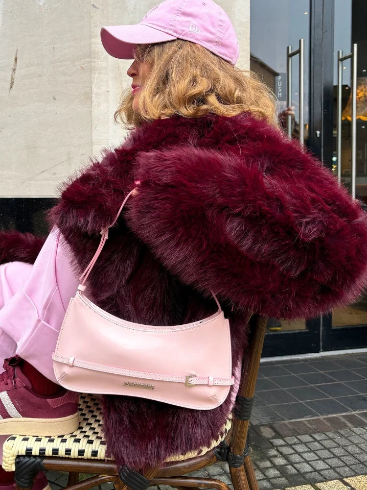 Burgundy Fluffy Lapel Short Coat