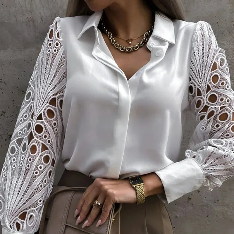Casual White Lace Hollow-out Button Blouse
