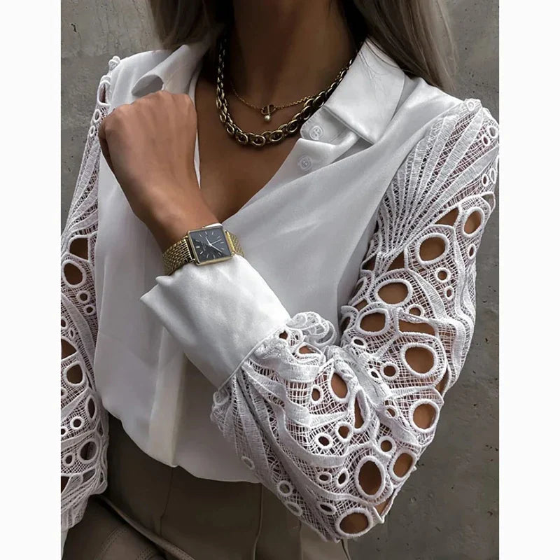 Casual White Lace Hollow-out Button Blouse
