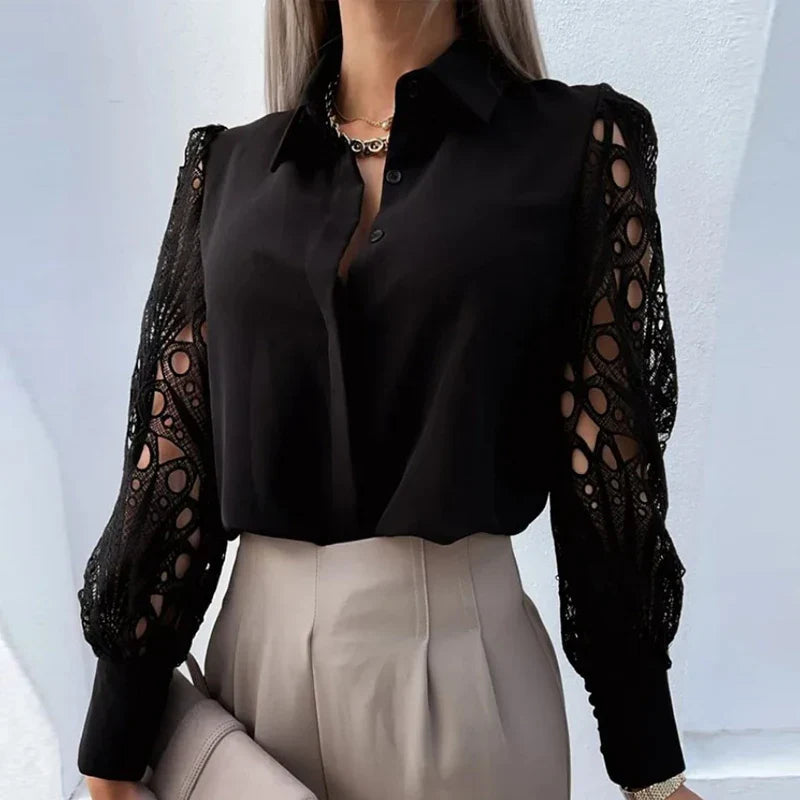 Casual White Lace Hollow-out Button Blouse