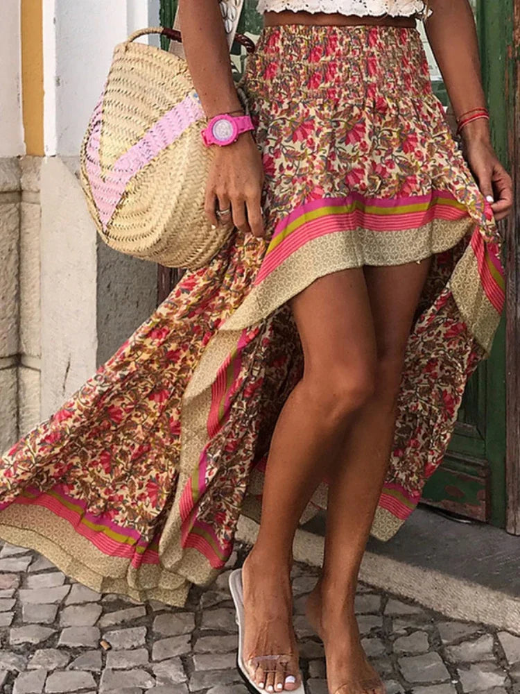 Vintage Fashion Ethnic Floral Print Beach Bohemian Irregular A-Line Boho Skirt