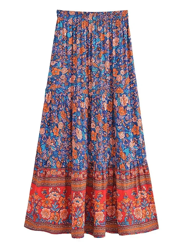 Tassel Floral Print Beach Boho Pleated Maxi Skirt Femme