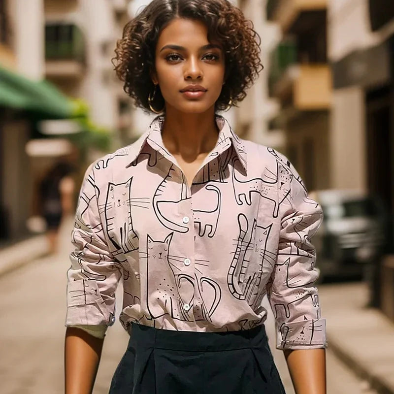 Cat Print Long Sleeve Vintage Casual Blouse