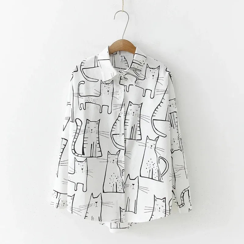 Cat Print Long Sleeve Vintage Casual Blouse