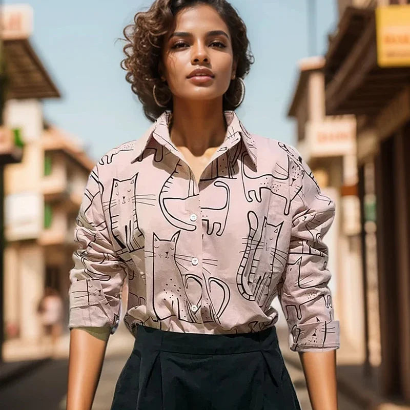 Cat Print Long Sleeve Vintage Casual Blouse