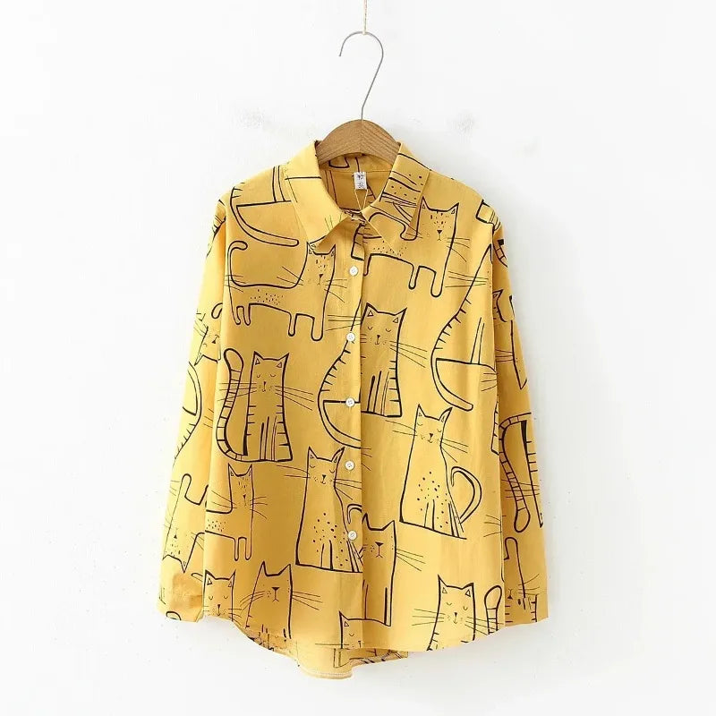 Cat Print Long Sleeve Vintage Casual Blouse