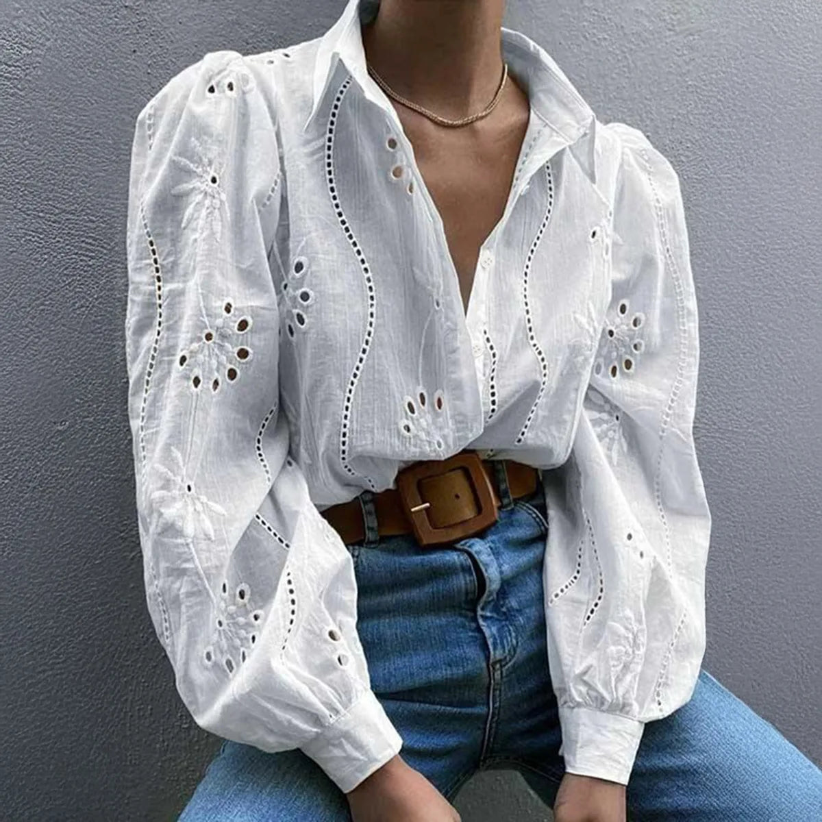 Vintage Floral Embroidery Hollow Out Puff Sleeve Boho Blouse