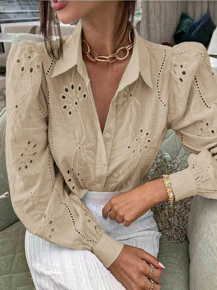 Vintage Floral Embroidery Hollow Out Puff Sleeve Boho Blouse