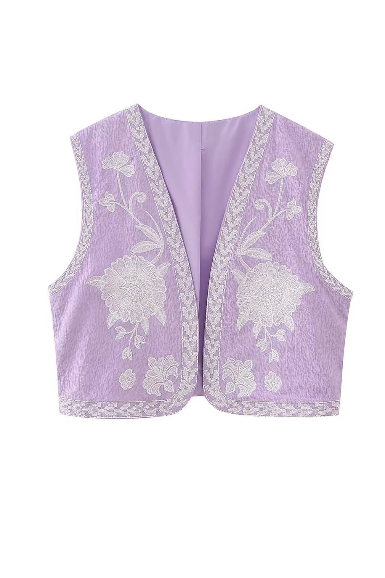 Vintage Floral Embroidery Open Front Vest