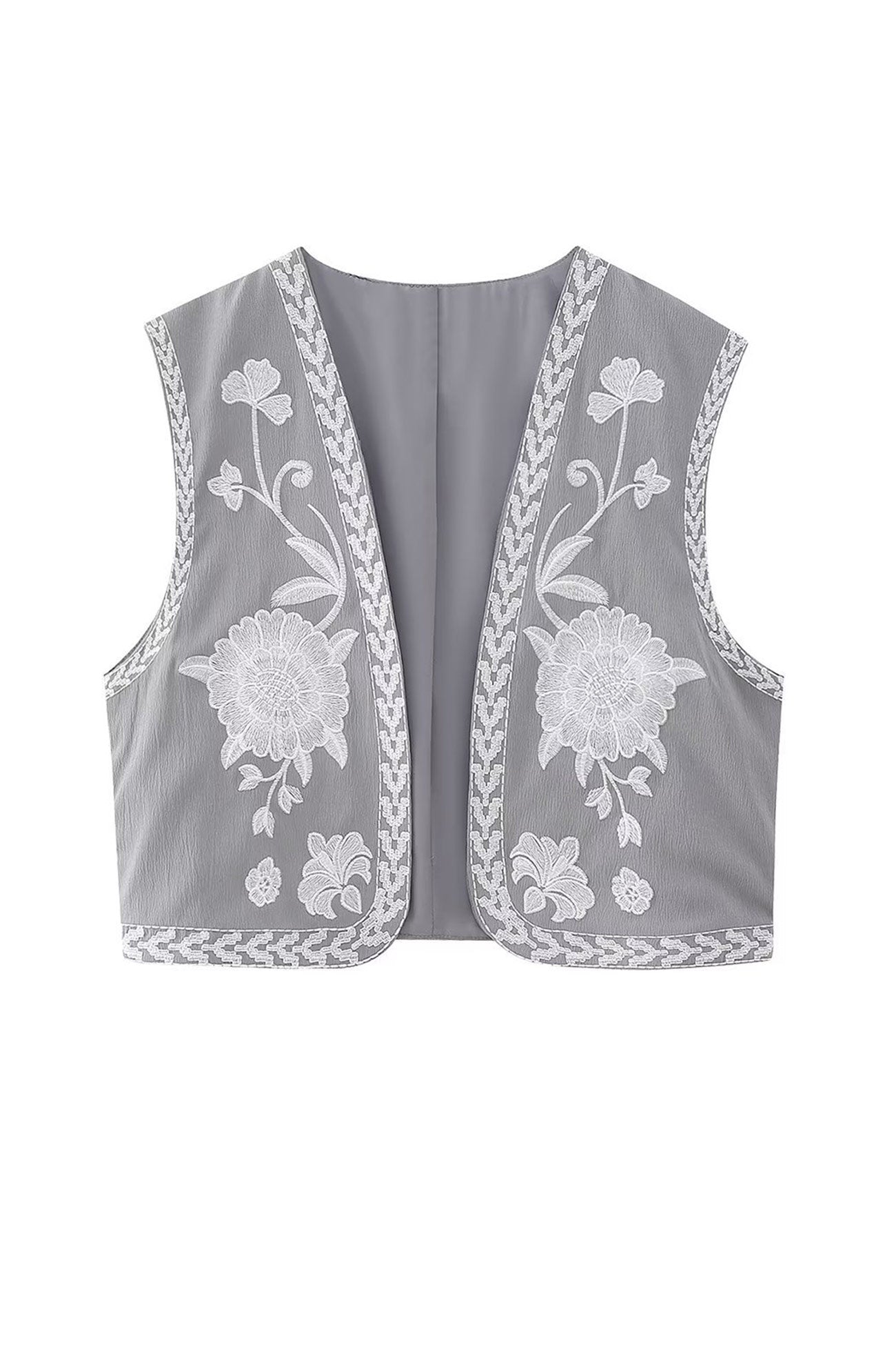 Vintage Floral Embroidery Open Front Vest